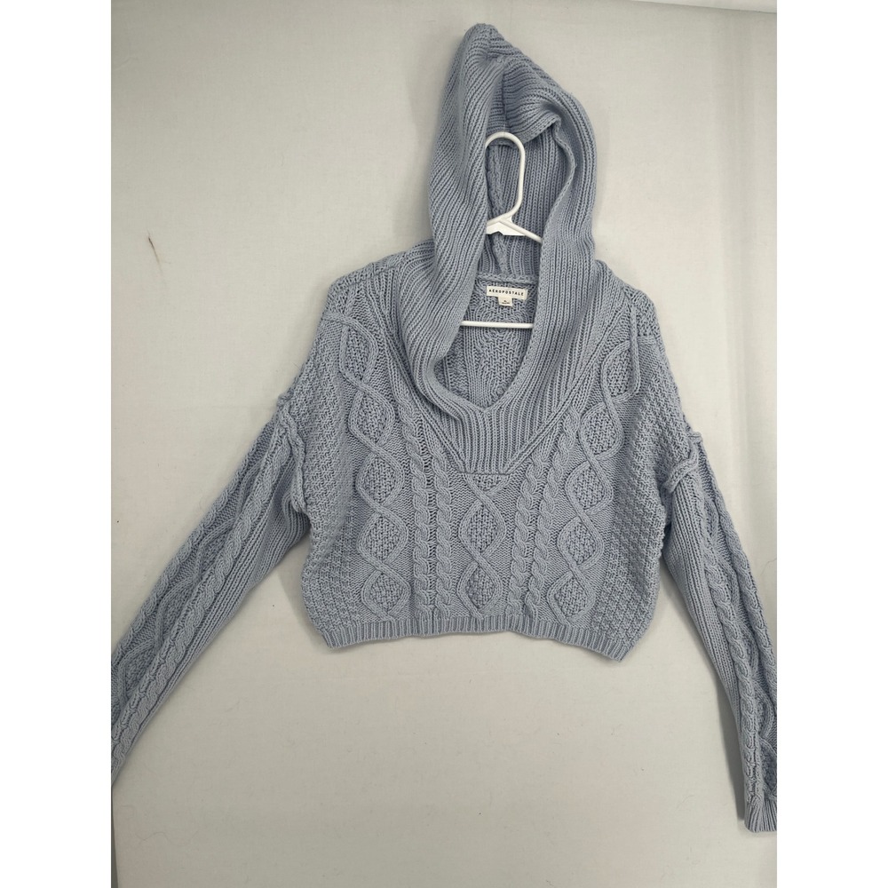 Aeropostale Women XL Blue Cable Knit Cropped Hoodie Sweater V-Neck Cotton Blend